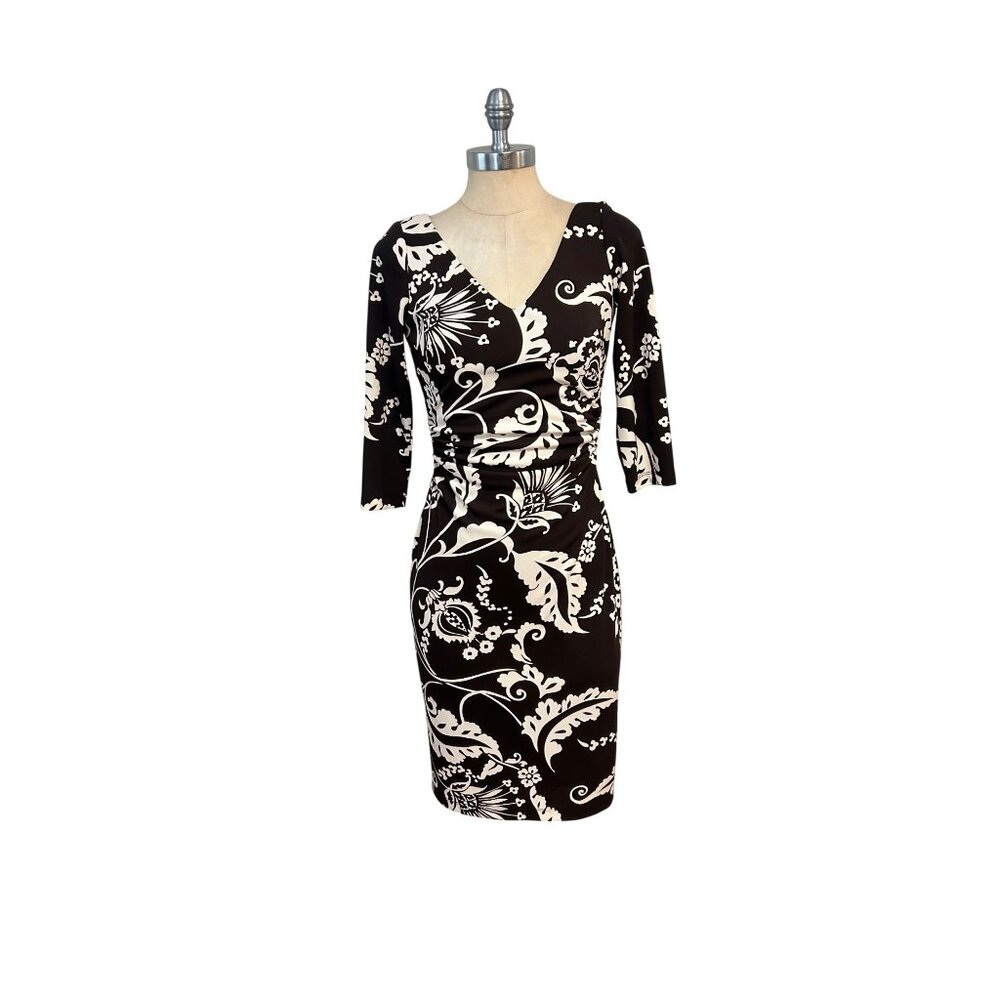DAVID MEISTER Brown Floral Dress 3/4 Sleeve Lined Stretch V-Neck size 2